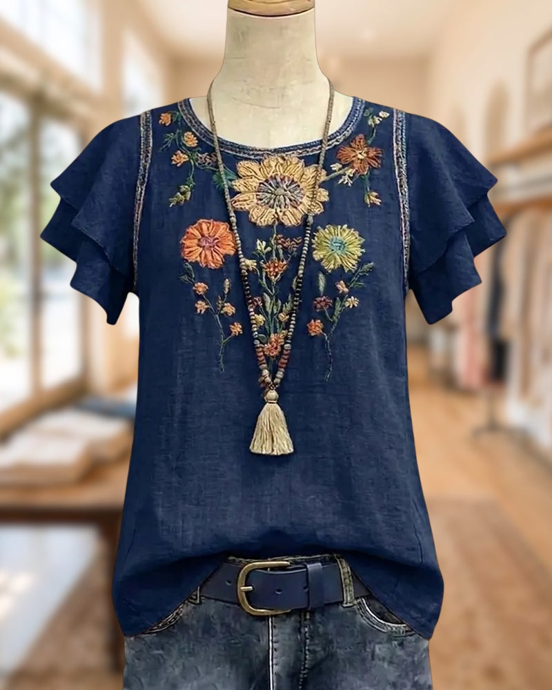 Floral Embroidered Ruffle Sleeve Round Neck Casual Loose Blouse