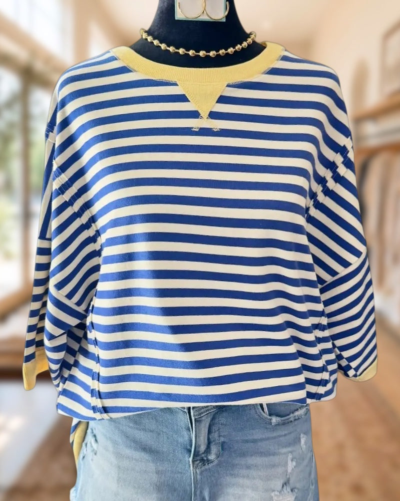 Striped Contrast Trim 3/4 Sleeve Loose Fit Casual Sweatshirt
