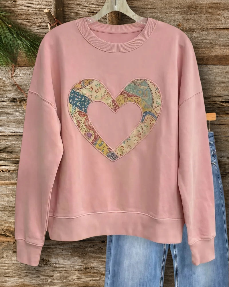 Heart Applique Sweet Round Neck Drop-Shoulder Sweatshirt