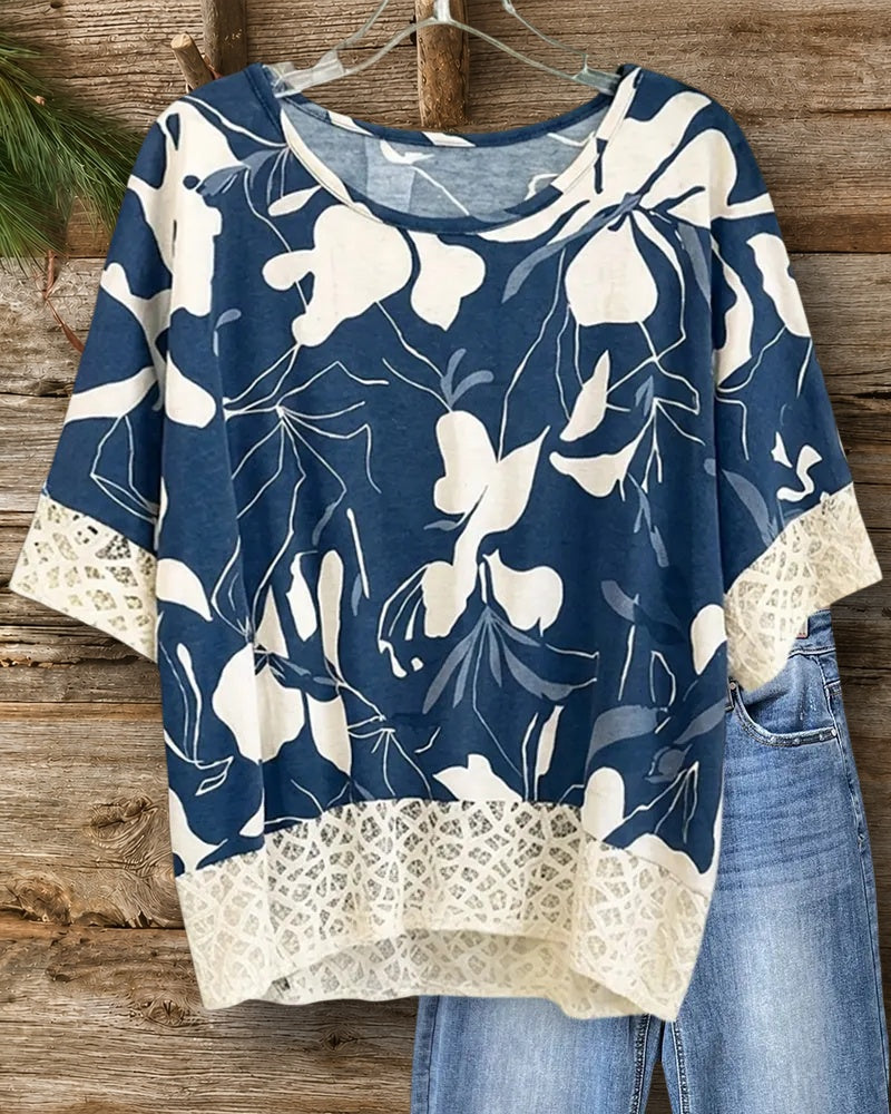 Floral Print Lace Trim Short Sleeve Loose Casual Blouse