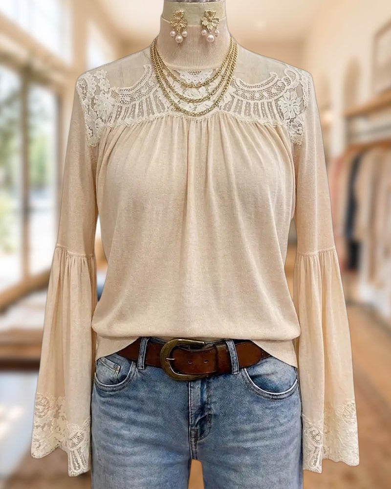 Lace Trim Flare Sleeve Sheer Yoke Mock Neck Feminine Blouse