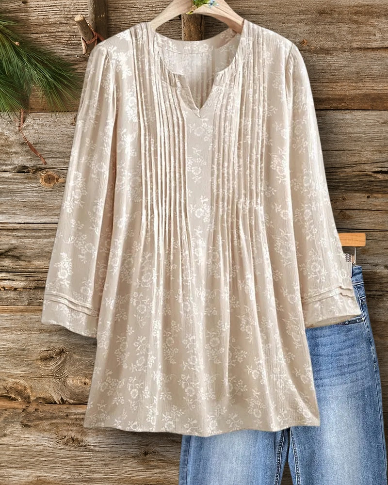 V Neck Pleated Front 3/4 Sleeve Blouse