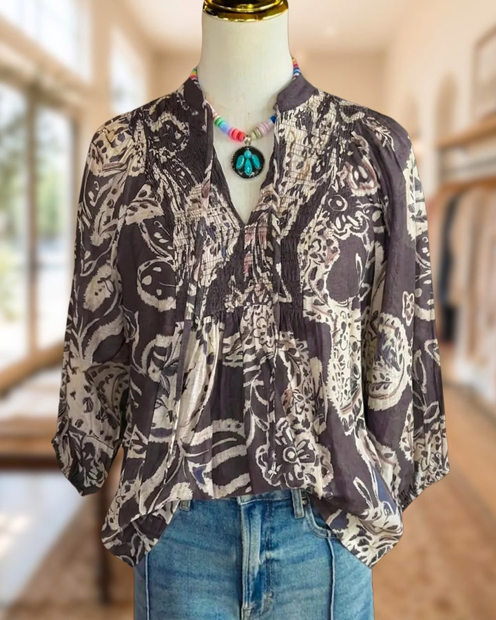 Paisley Print Smocked Tie Neck 3/4 Sleeve Boho Blouse
