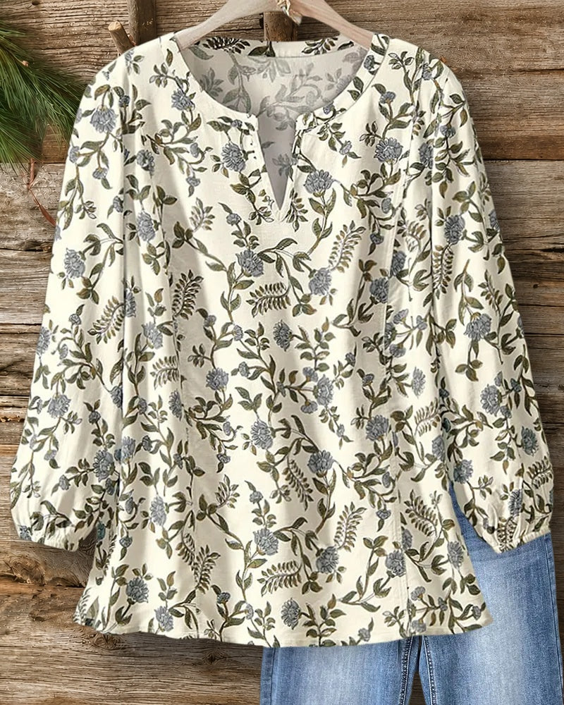 Floral Print Notched Neck Gathered Cuff Loose Casual Blouse