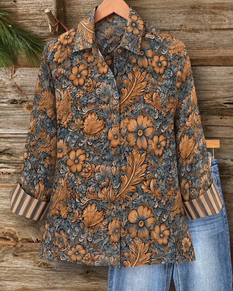 Floral Print Collared Button Front Shirt With Contrast Cuffs