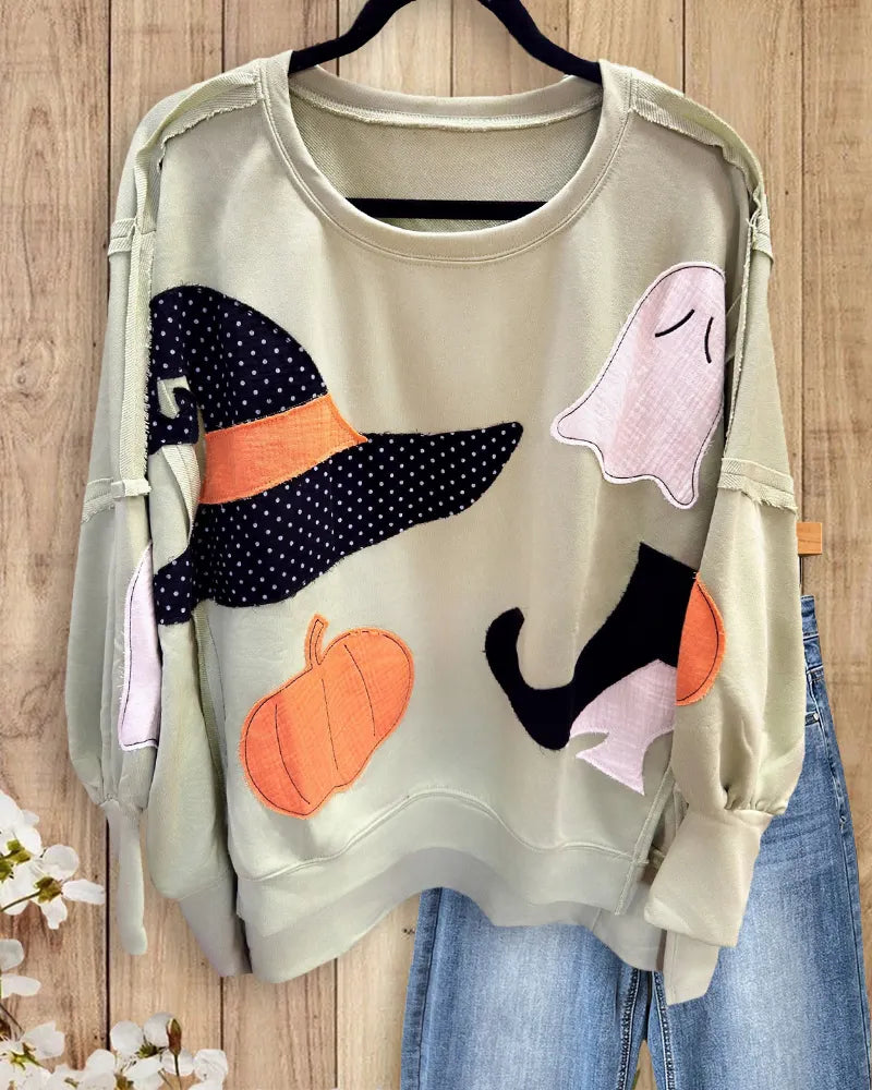 Halloween Ghost Pumpkin Applique Exposed Seam Casual Sweatshirt