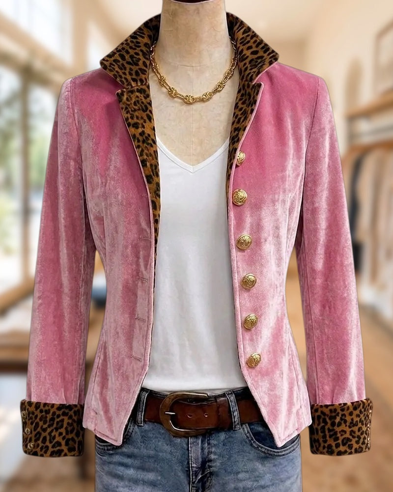 Leopard Contrast Trim Notched Lapel Single Breasted Velvet Blazer