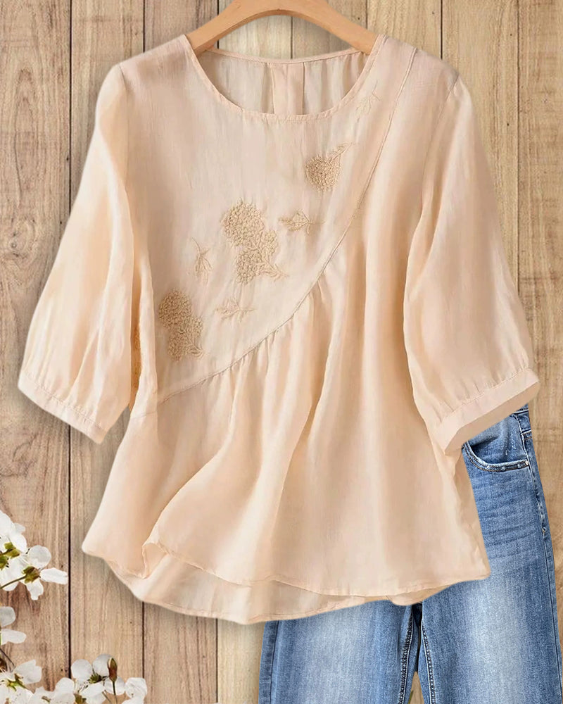 O Neck Embroidered Gathered 3/4 Sleeve Loose Casual Blouse