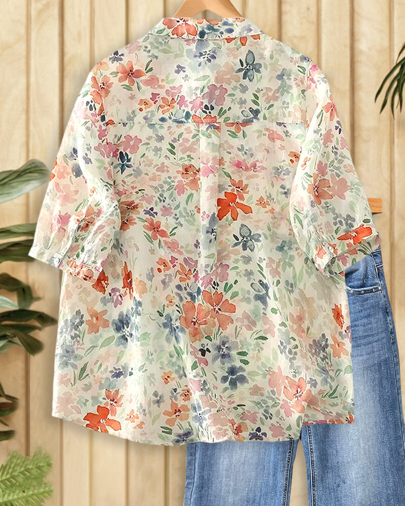 Watercolor Floral Print Collared Half Sleeve Loose Casual Shirt
