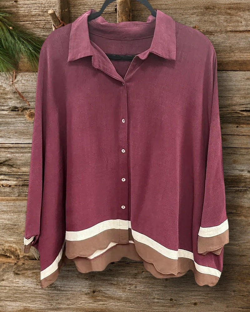 Color Block Batwing Sleeve Unique Button Up Blouse