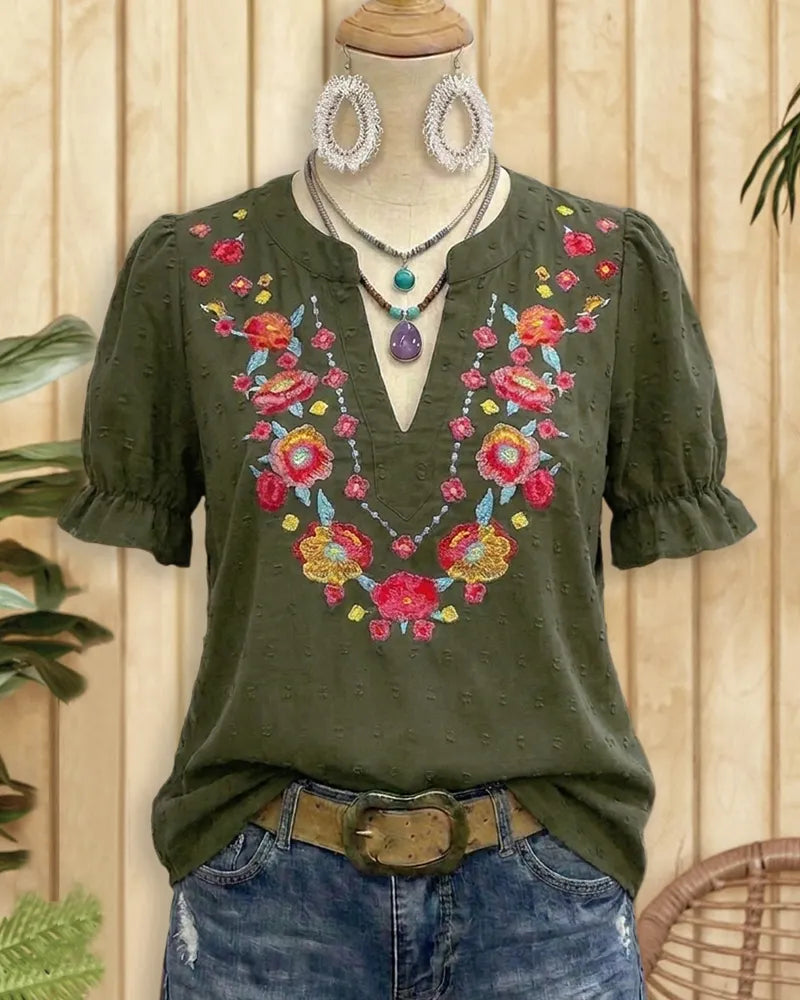 Floral Embroidered V Neck Ruffled Sleeve Relaxed Fit Blouse