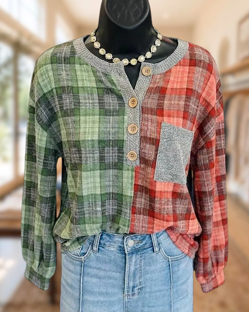 Plaid Contrast Trim Half Button Pocket Long Sleeve Shirt