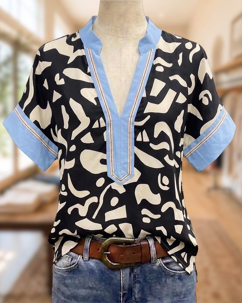 Abstract Print Contrast Trim V Neck Loose Short Sleeve Blouse