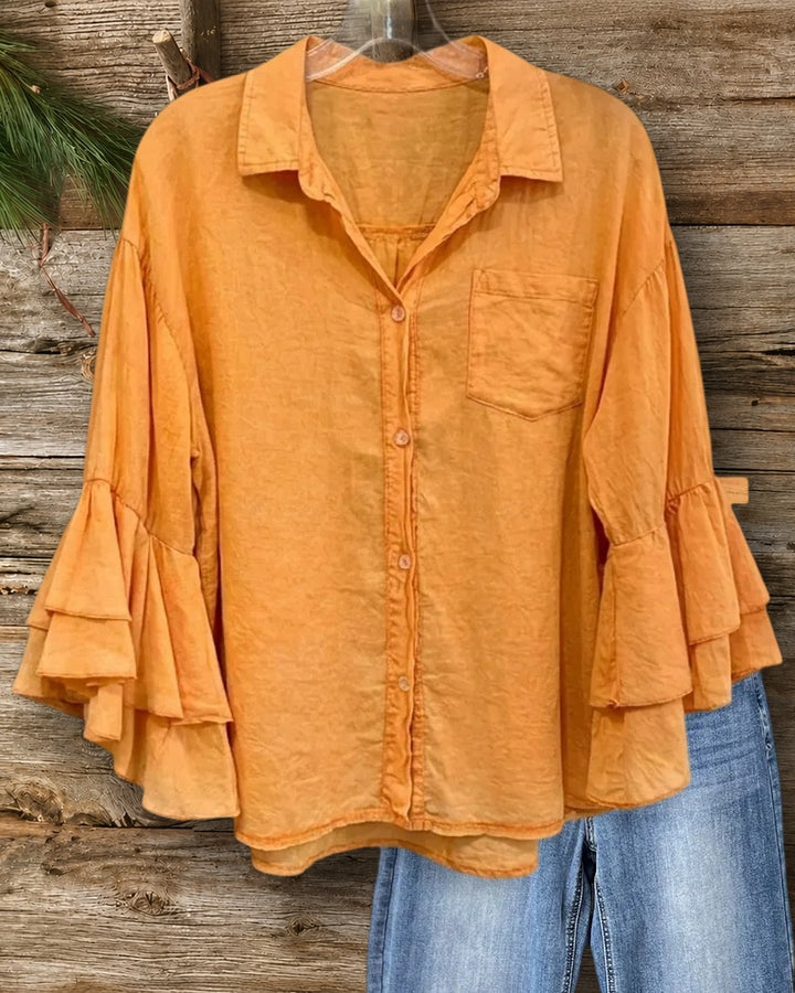 Collared Button Front Tiered Flare Sleeve Chest Pocket Shirt