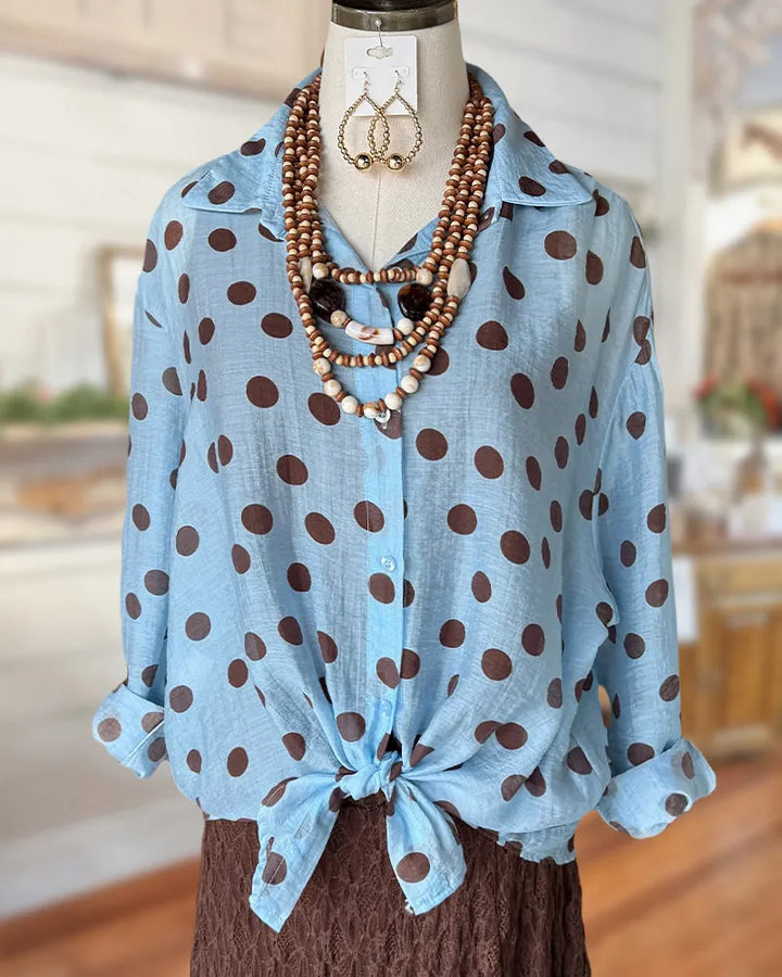 Polka Dot Collared Button Up Tie Front Long Sleeve Shirt