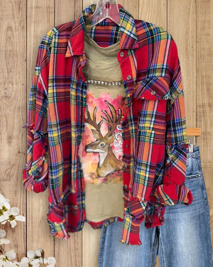 Frayed Edge Plaid Oversized Casual Collared Button Down Shirt