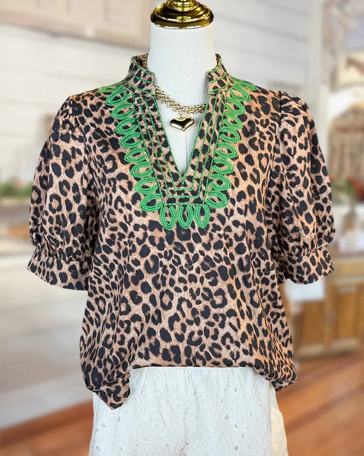 Leopard Print Embroidery Detail Puff Sleeve Loose Fit Blouse