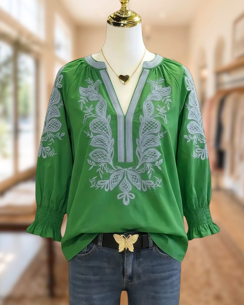 Floral Embroidery Bohemia V Neck Blouse