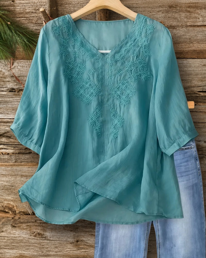 Solid Color Floral Embroidery V Neck Laid Back Blouse
