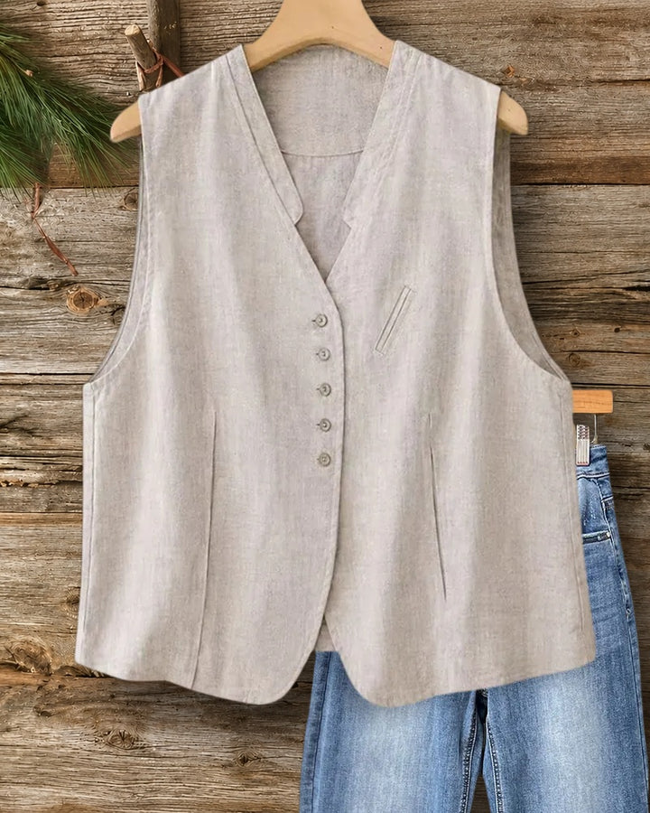 V Neck Button Front Sleeveless Loose Fit Casual Vest