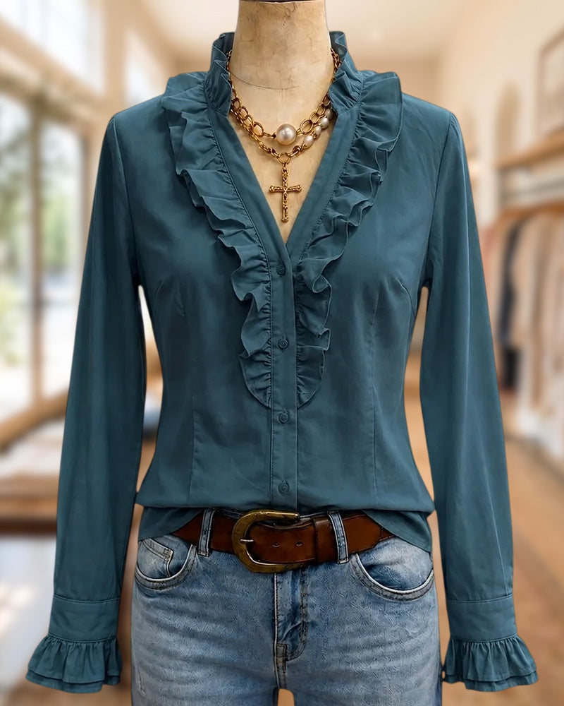 Solid Color Ruffle Trim V Neck Button Up Long Sleeve Blouse