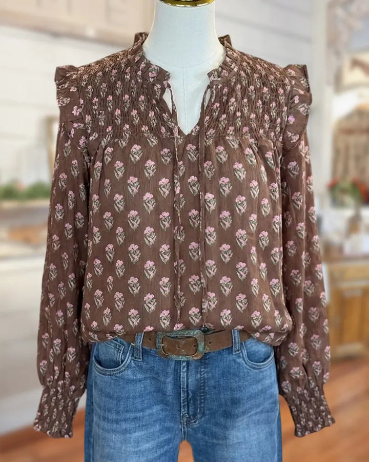 Floral Print Smocked Tie Neck Ruffle Shoulder Long Sleeve Blouse