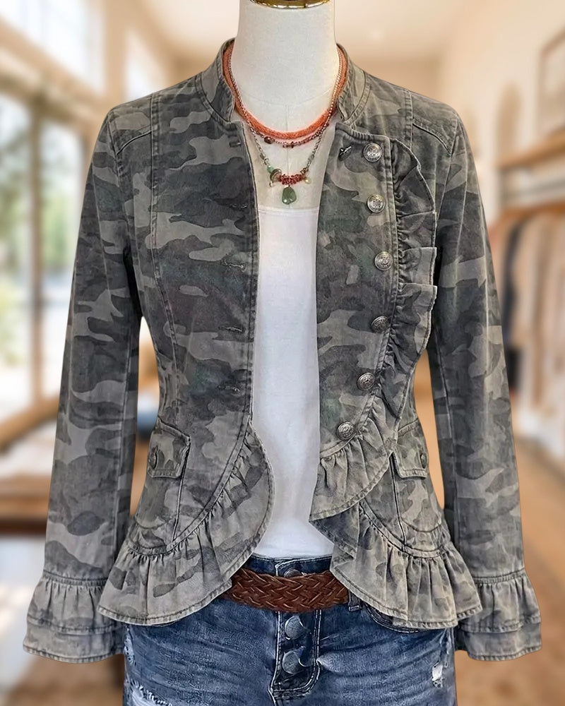 Camo Print Ruffled Trim Jacket