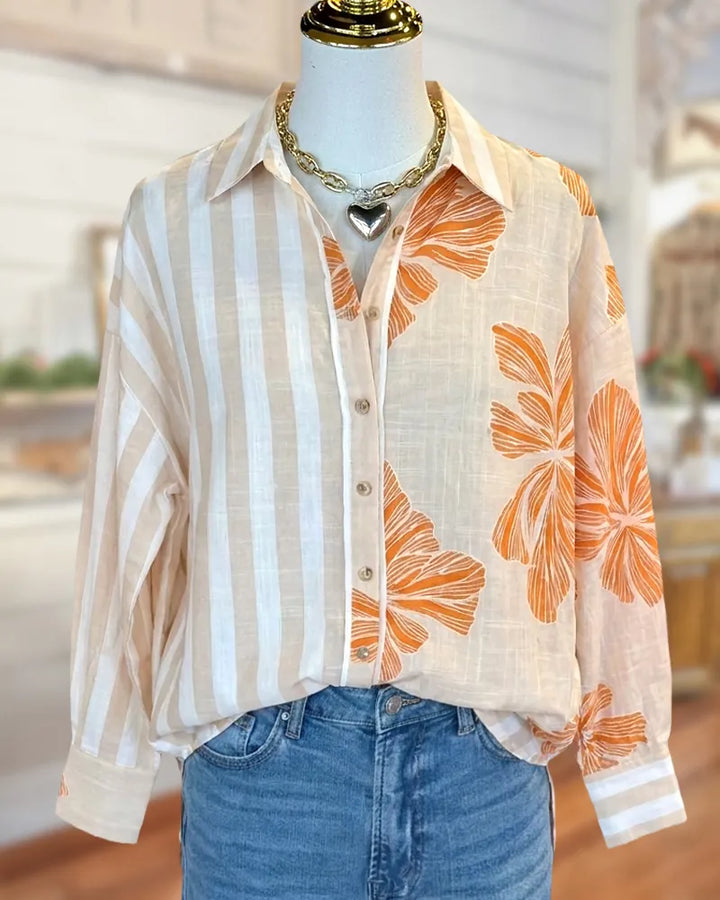 Striped Floral Contrast Button Down Collared Long Sleeve Shirt