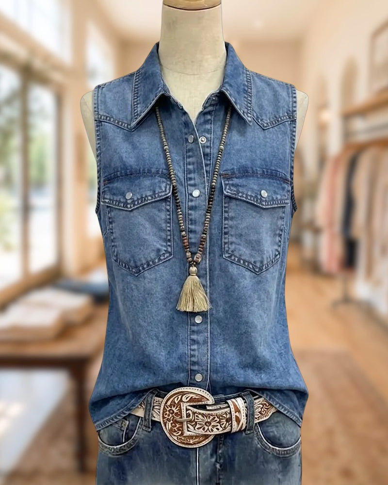 Collared Sleeveless Button Front Dual Chest Pocket Denim Vest