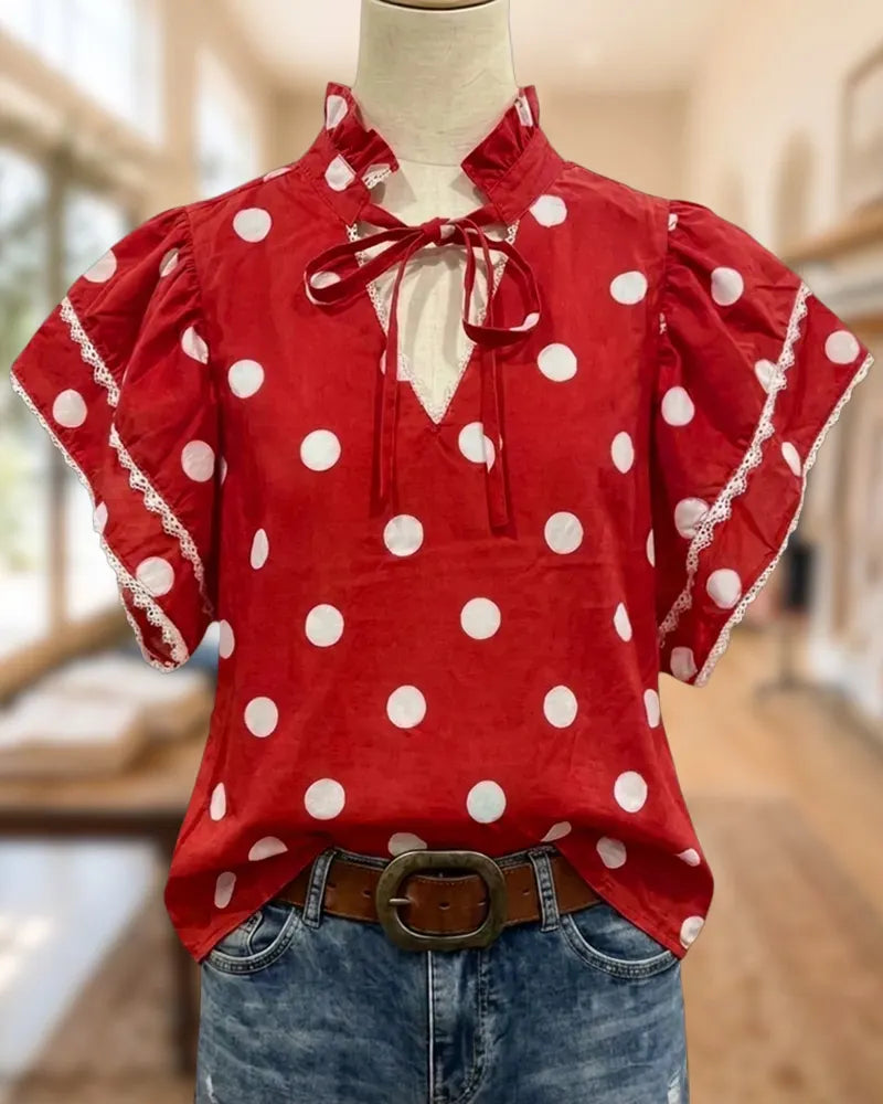 Ruffle Trim Polka Dot Tie Neck Flutter Sleeve Blouse