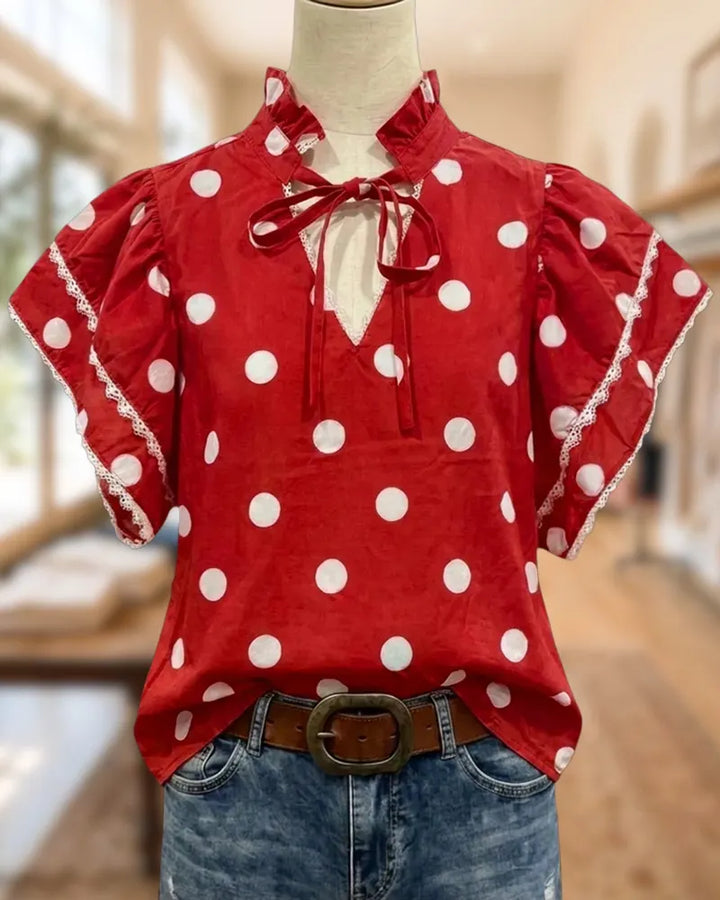 Ruffle Trim Polka Dot Tie Neck Flutter Sleeve Blouse