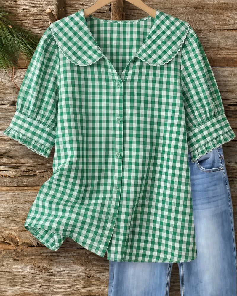 Gingham Preppy Doll Collar Button Up Blouse