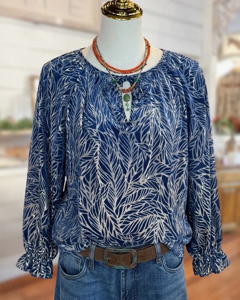 Leaf Print Tie Neck Blouse
