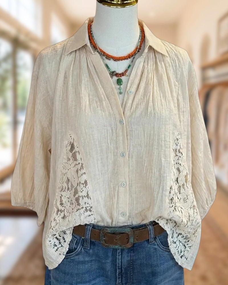 Shirt Collar Lace Insert Half Sleeve Loose Button Front Blouse