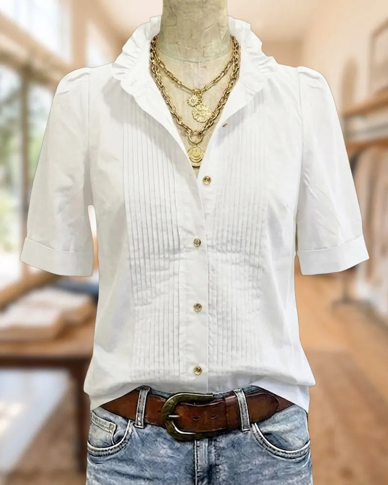 Ruffled Collar Pintuck Front Half Sleeve Button Down Blouse