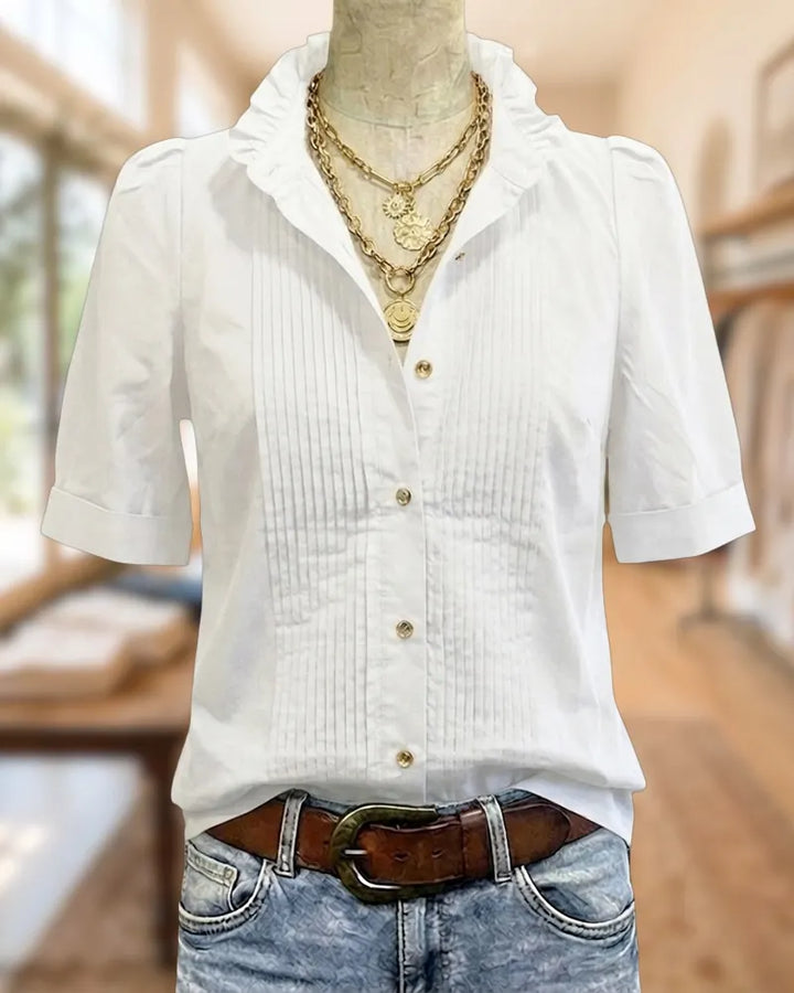 Ruffled Collar Pintuck Front Half Sleeve Button Down Blouse