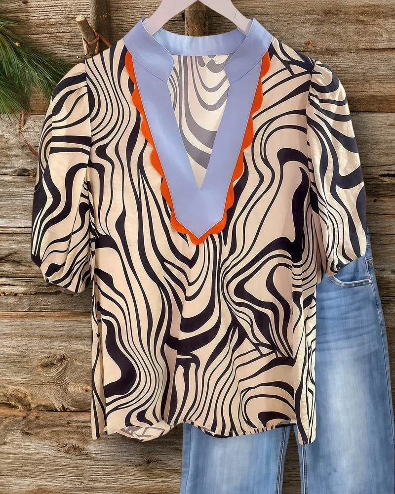 Patchwork V Neck Classic Ripple Print Blouse