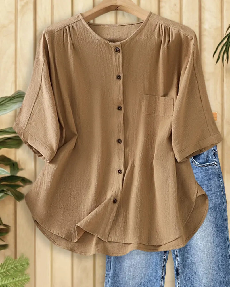 Solid Color Button Front Relaxed O Neck Blouse