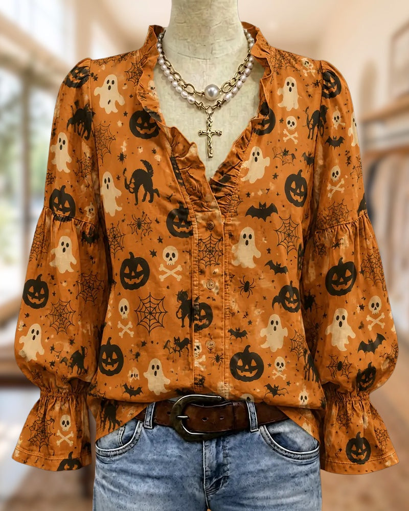 Halloween Print Ruffled V Neck Lantern Sleeve Button Front Blouse