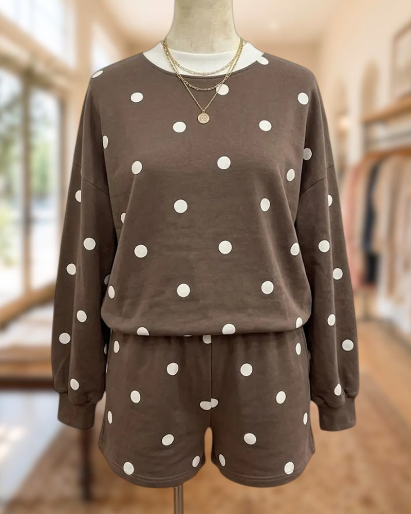Polka Dot Contrast Trim Sweatshirt Shorts Casual Lounge Two Piece Set
