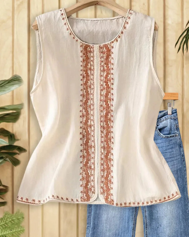 Round Neck Embroidered Sleeveless Split Hem A-Line Top