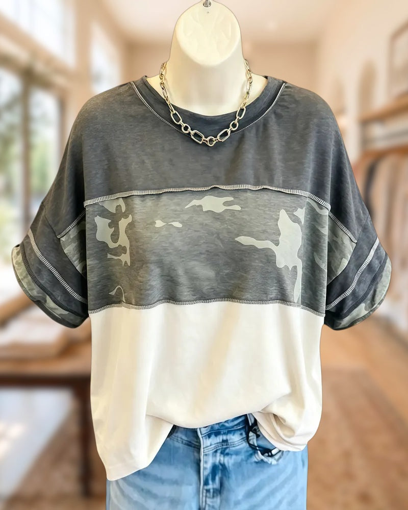 Color Block Camo Contrast Stitch Short Sleeve Relaxed Fit Tee