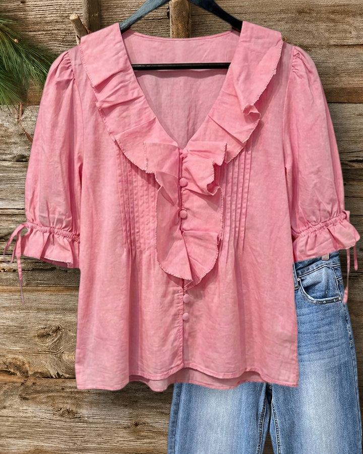 Ruffled V Neck Button Front Pintuck Puff Sleeve Blouse