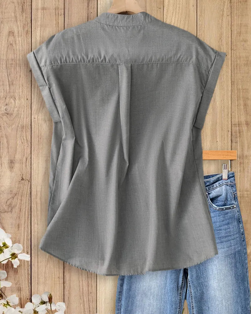 Stand Collar Button Front Cap Sleeve Relaxed Fit Casual Shirt