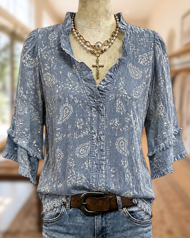 Paisley Ruffled Neck Tassels Trim Blouse