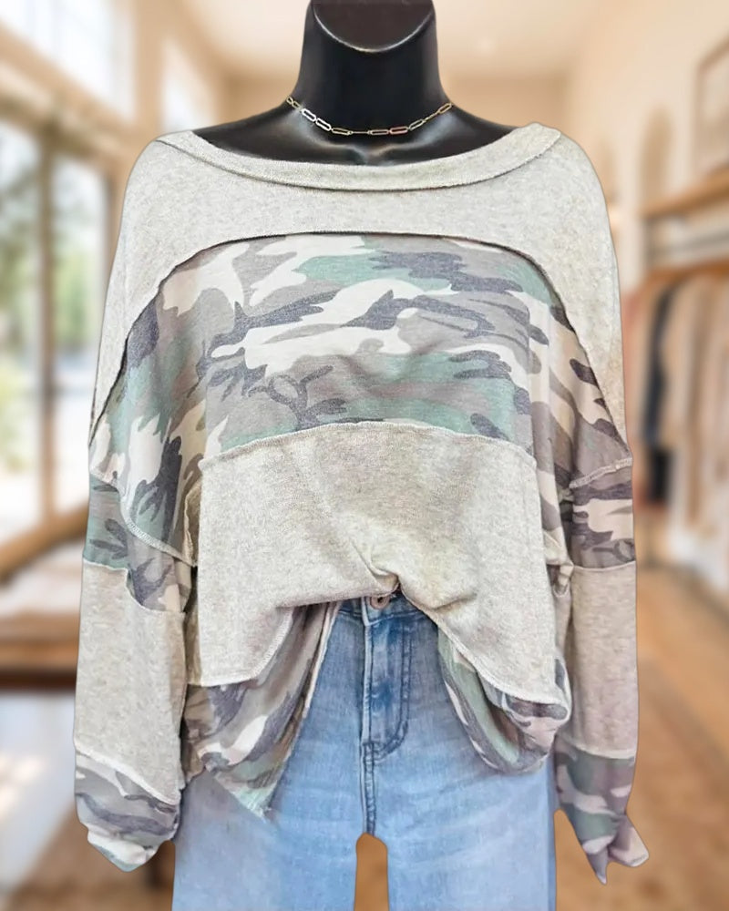 Camouflage Patchwork Exposed Seam Loose Long Sleeve Sweatshirt