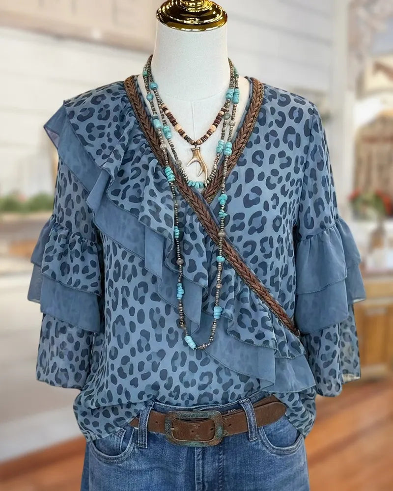 Ruffled V Neck Tiered Sleeve Leopard Print Casual Blouse