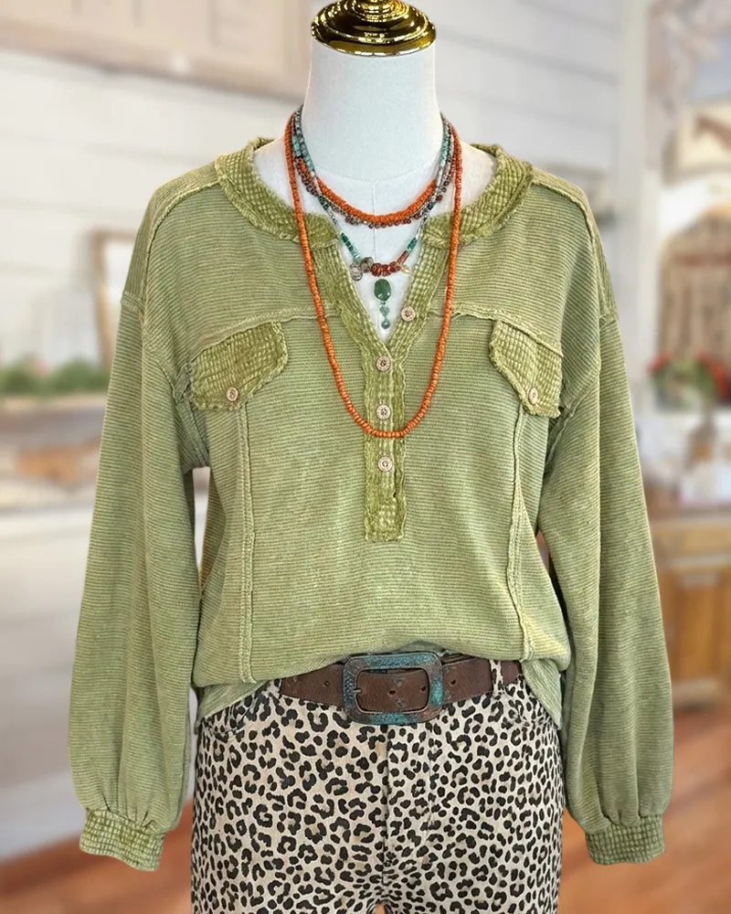 Half Button Placket Contrast Trim Long Sleeve Casual Top