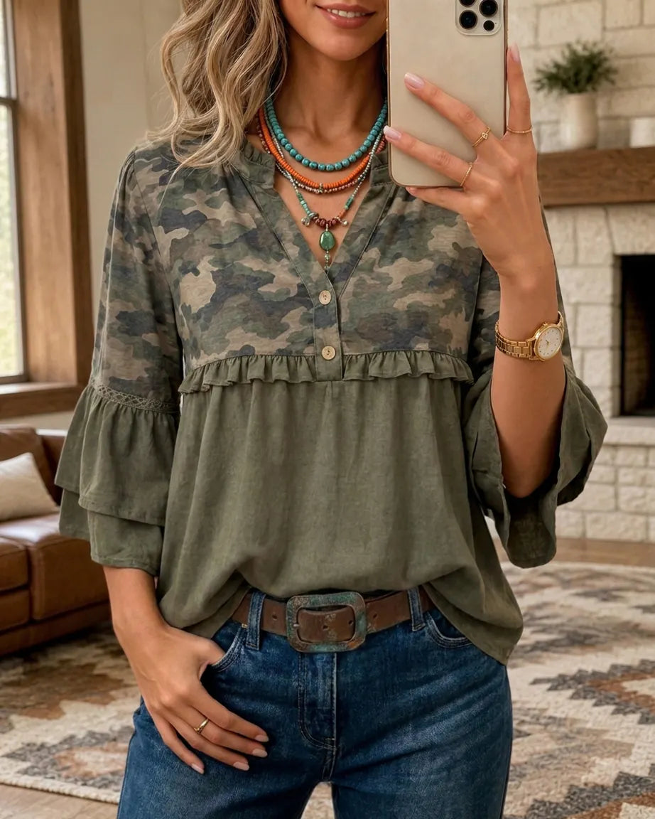 100% Cotton Camo Print Ruffle Trim Button Front Flare Sleeve Blouse