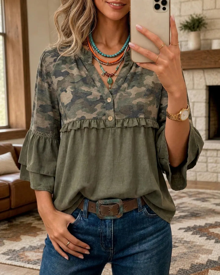 100% Cotton Camo Print Ruffle Trim Button Front Flare Sleeve Blouse